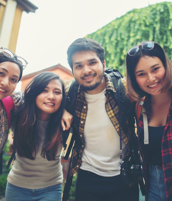 Group of friends meeting in the city. Having fun together talking selfie smiling enjoy good times together.